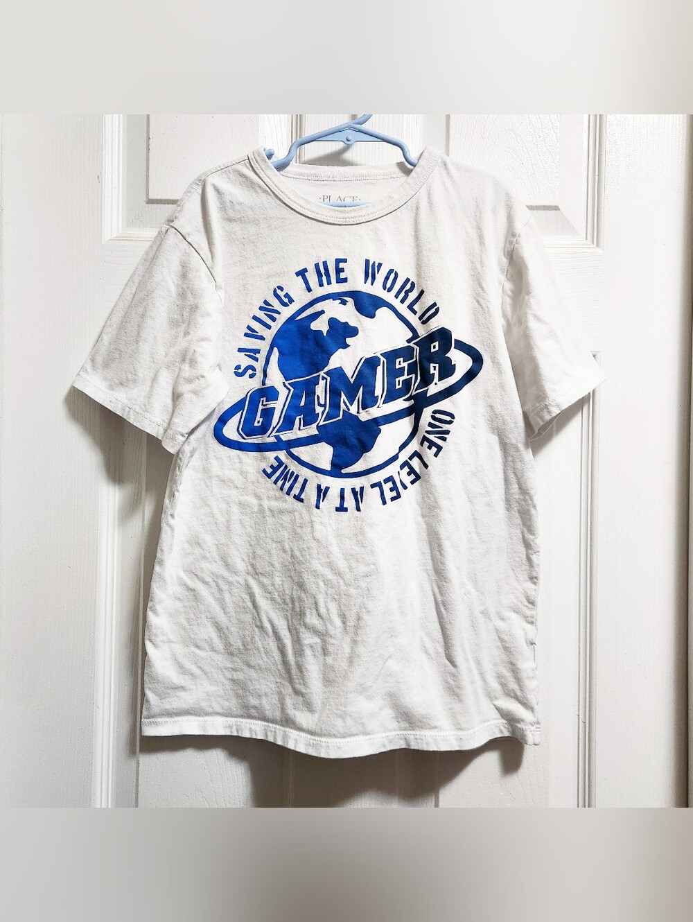 Kids White Tee with Blue Gamer Globe Graphic